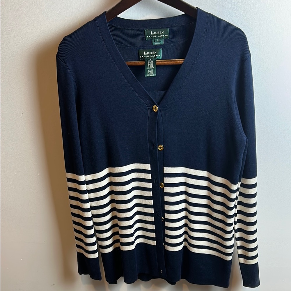 Lauren Ralph Lauren Blue and White Button Down Tank Top with Cardigan - Picture 6 of 16